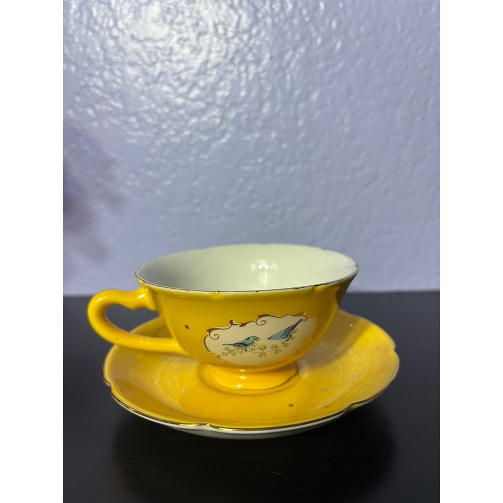 Anthropologie yellow polka dot tea cup scalloped hem saucer blue birds sweet